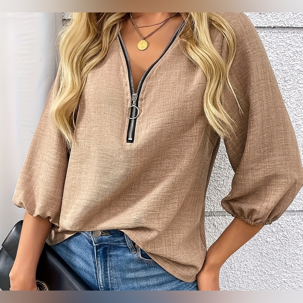Tan Women's Top with Zipper Detail Size XL